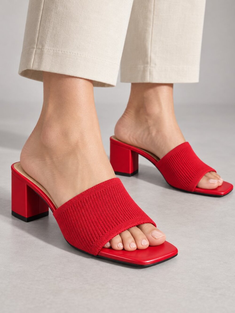 Journee Collection Red Shilin Knit Block Heel Mules Size 9